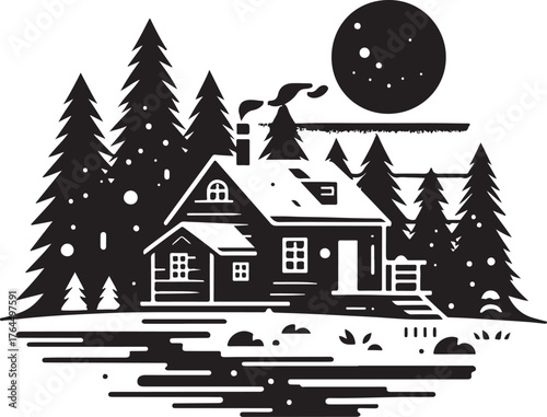 Winter Cabin in Pine Forest Vector silhouette Illustration