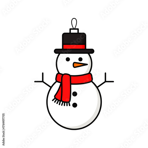 A cheerful cartoon snowman wearing a black top hat and red scarf against a clean white background with a playful mood.