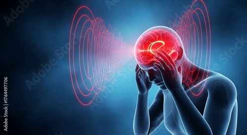 Man with headache and brain inflammation, conceptual 3d rendering of neurological disease