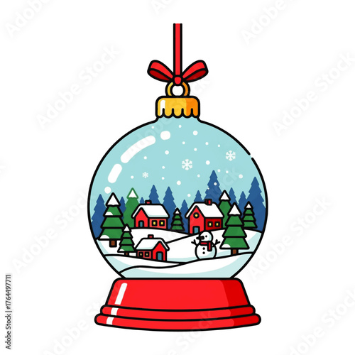 Illustration of a snow globe with a winter village scene inside on a white background.