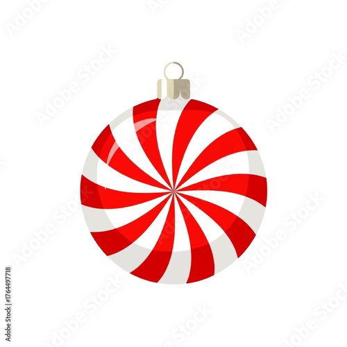 A red and white striped Christmas ornament hanging from a gold loop on a plain white background.