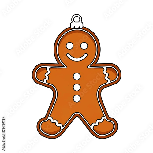 A cheerful gingerbread man ornament with white icing details and a loop for hanging against a clean white background.