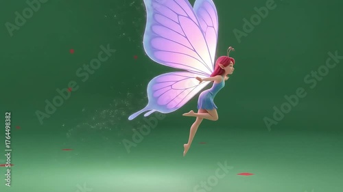 Enchanting Fairy with Glowing Purple Wings Dancing Gracefully on a Green Background.