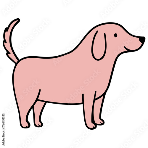 A charming cartoon illustration of a pink dog standing, with a curved tail and floppy ears.