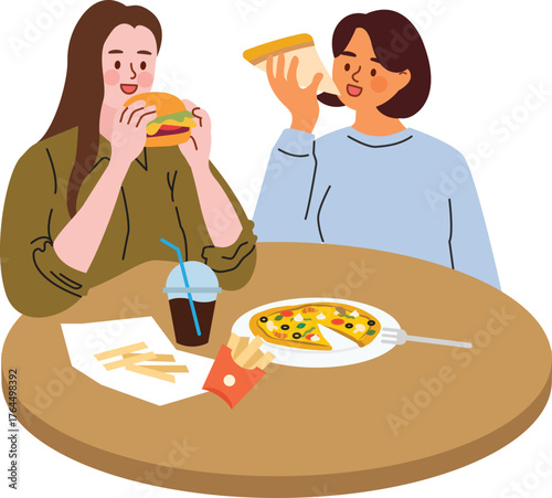Two friends enjoying a casual fast food meal together