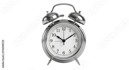 Classic Silver Alarm Clock Showing 10:05 on Isolated Black Background