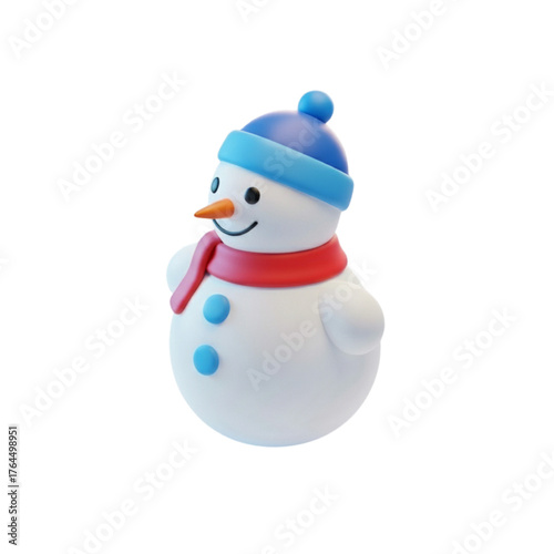 Charming 3D rendered snowman with a blue hat and red scarf, perfect for winter holiday themes, seasonal greetings, and festive digital designs, isolated on a white background