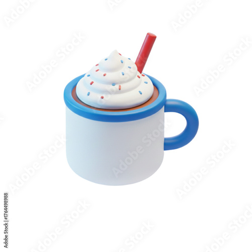 A 3D rendered illustration of a festive mug of hot chocolate topped with whipped cream, red and blue sprinkles, and a straw, isolated on a clean white background