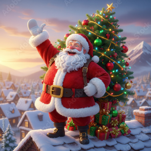 Santa Claus waving from a snowy rooftop with a Christmas tree and presents a festive winter scene