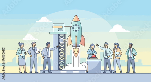 Diverse Business Team Launching Rocket Startup Project.