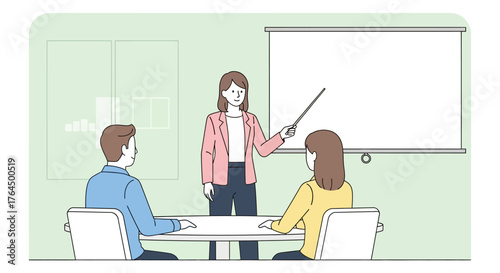 Businesswoman leading a presentation to two colleagues in a meeting room.