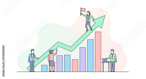 Business team achieves success and growth with upward trending chart.