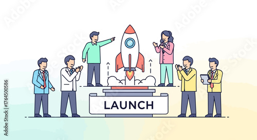 Business team celebrating a successful new product launch with a rocket.