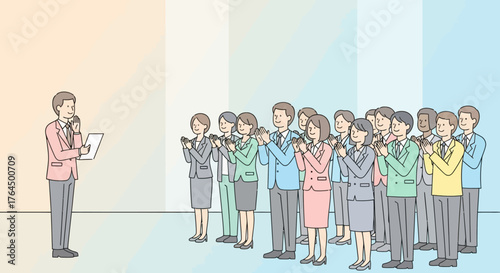 Businessman delivering speech to applauding audience at corporate event.