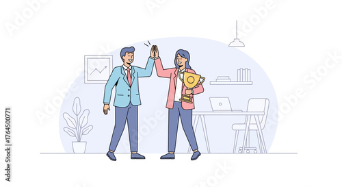 Two business people celebrating success with high five and trophy.