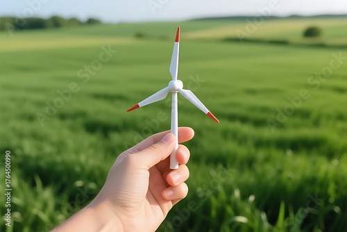 Realistic human hand holding a miniature wind turbine over a green field