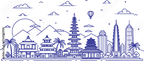 Bali Hand Drawn Skyline Art of Island Heritage, Beaches, and Mount Agung | Perfect for Travel Agencies, Tourism Marketing, and Wall Art Prints