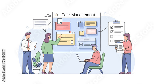 Team collaborating on task management board for project success.