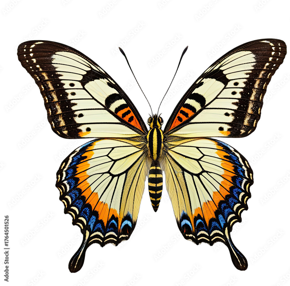 Fototapeta premium Close-up of a butterfly with detailed wing patterns, on a black background