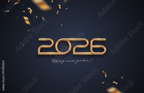 Elegant 2026 Happy New Year. Golden 3D Metallic Tube Typography, Festive Confetti and Streamers on Dark Background Vector Illustration.