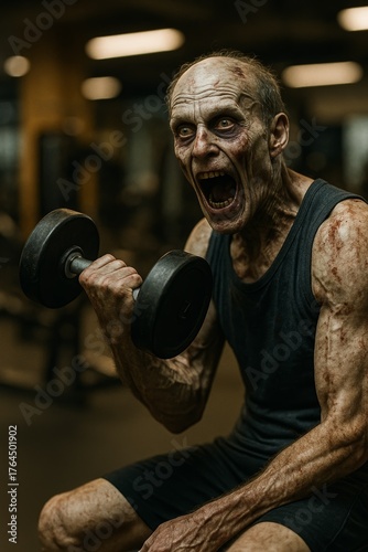 Zombie lifting dumbbell and screaming in gym — horror fitness concept