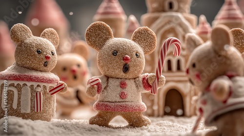 A sugary mouse gingerbread candy cane snow winter holiday christmas cookie icing dessert cute festive sweet toy bakery confection frosting edible fairy tale castle whimsical playful red white powder