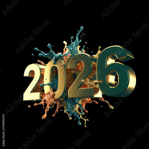 Golden 2026 numbers emerging from vibrant liquid splashes against a black backdrop