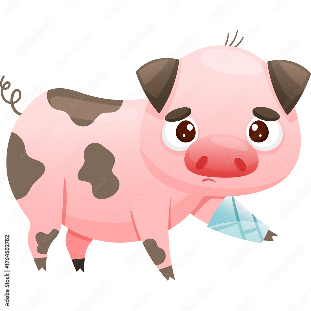 Obraz premium Sad Pink Pig With Brown Spots And Bandaged Leg Isolated On White Transparent Background Vector Illustration