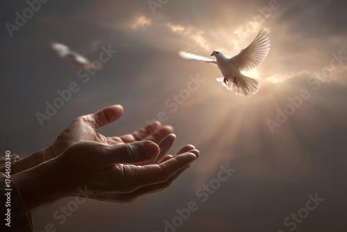 Hands Releasing a Dove Against a Dramatic Sky