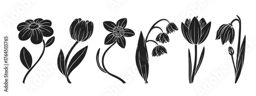 Set of spring flower silhouettes and stamps. Vector graphics.
