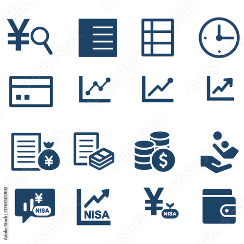 Finance and investment icon set. Business graphics showing money, charts, and NISA concepts