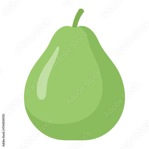 A single ripe green pear fruit with a stalk isolated on white