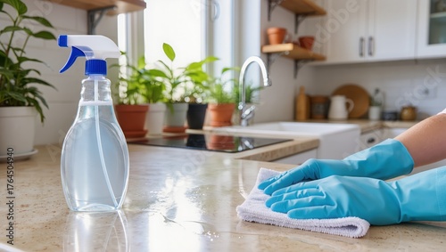 Hands in blue gloves wiping a light stone kitchen countertop with a microfiber cloth. Spray bottle nearby. Bright cozy kitchen, cleaning, home care, and surface maintenance concept