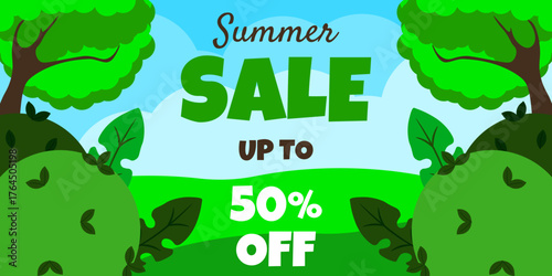 Summer Sale banner. Vector illustration of Summer landscape from green tree bush leaves and business Sale typography. Discount concept. Spring web banner. EPS 10
