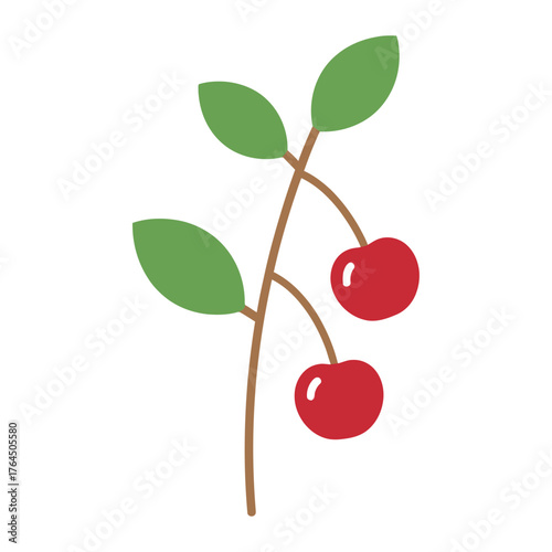 Simple illustration of two red cherries on a branch with green leaves