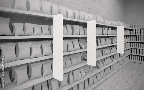 Blank black and white greyscale supermarket aisle fins unit mockup 3d render