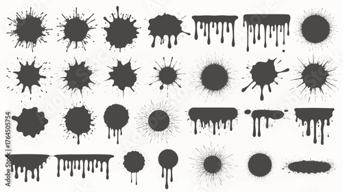 Set of black paint splatter shapes vector ink blots and drips isolated design elements for backgrounds and textures