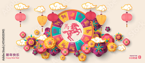 Chinese Colorful Zodiac Wheel banner. Happy New Year 2026 poster. Lunar Horse emblem icon, 3d flowers, japan clouds lanterns background. Vector illustration. China Animals Horoscope. Place for text