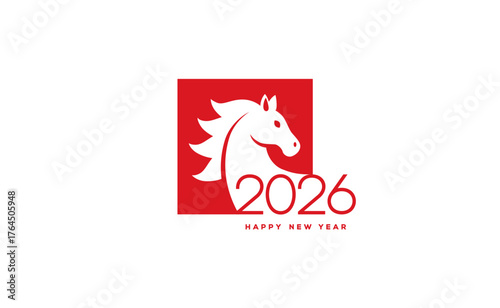 Modern horse flat logo icon for 2026 Happy Chinese New year. Vector illustration. Pony head in square frame, label sign, insignia emblem. Asian Christmas lunar animal. Minimal holiday poster design