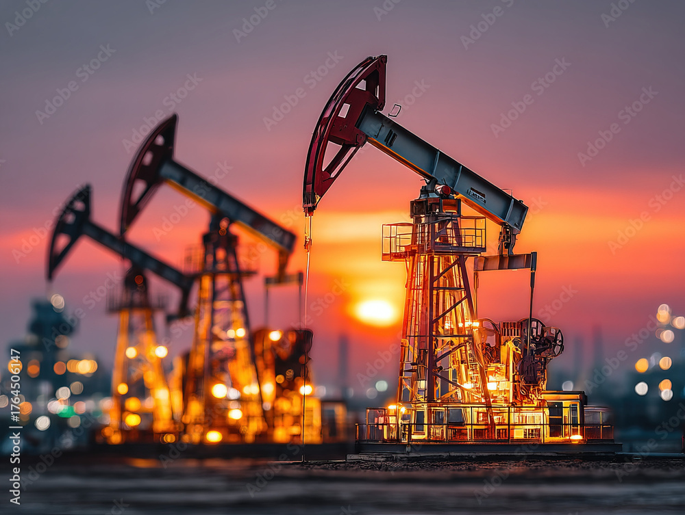 Fototapeta premium Oil pumpjacks in Saudi Arabian desert image