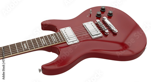 Close-up of a vibrant red electric guitar, featuring chrome hardware, pickups, and fretboard against a dark background.