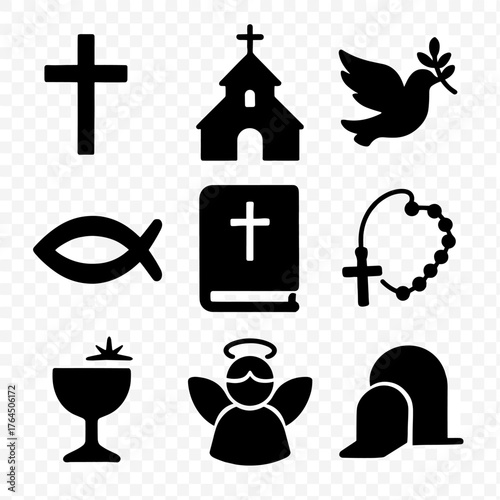 Faith icon set. Vector icon set of faith: cross, praying hands, dove, bible, candle, church, rosary, angel. Vector icon.