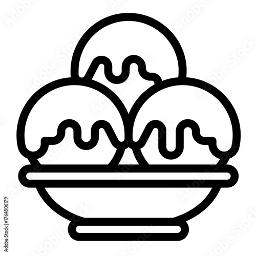 Three balls of delicious icecream line icon, desert sweets concept. Vector graphics. Assorted ice cream in ceramic plate sign on white background, style icon mobile or web design.