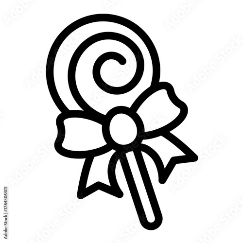 Lollipop candy with shape of twirl and bow line icon, desert sweets concept. Vector graphics. Candy sign on white background, style icon mobile or web design.