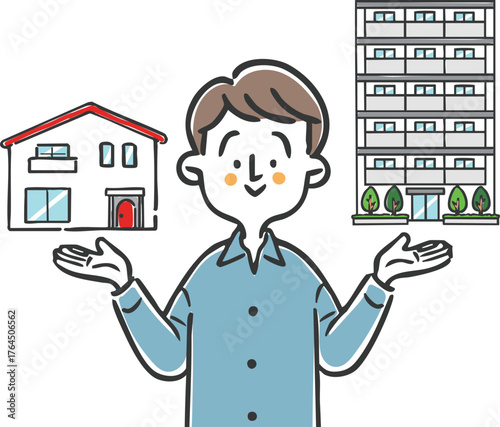 一戸建てとマンション　選択　不動産　男性　ベクター
