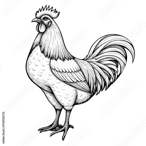 A domestic bird, a rooster, is not colored and has no background.