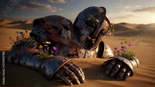 Ancient Robot Reclaimed by Nature in a Vast Desert Landscape.