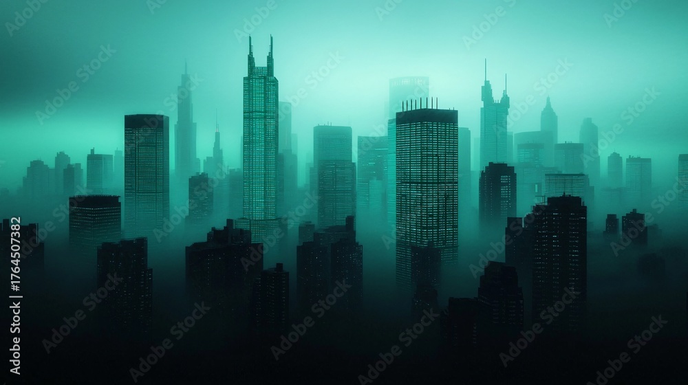 Obraz premium Conceptual future city powered by hydrogen and SAF network glowing in blue-green hues.