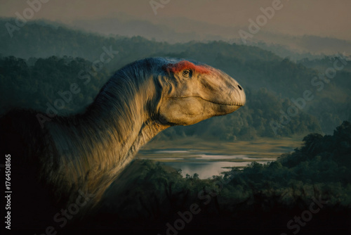 Malawisaurus dinosaur observed in a lush landscape of lakes and mountains
