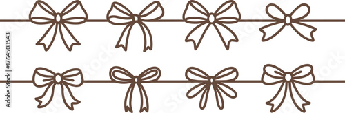 Elegant hand-drawn ribbon bows collection, decorative bow line art set, gift wrapping outline design, vintage ornament illustration for decoration